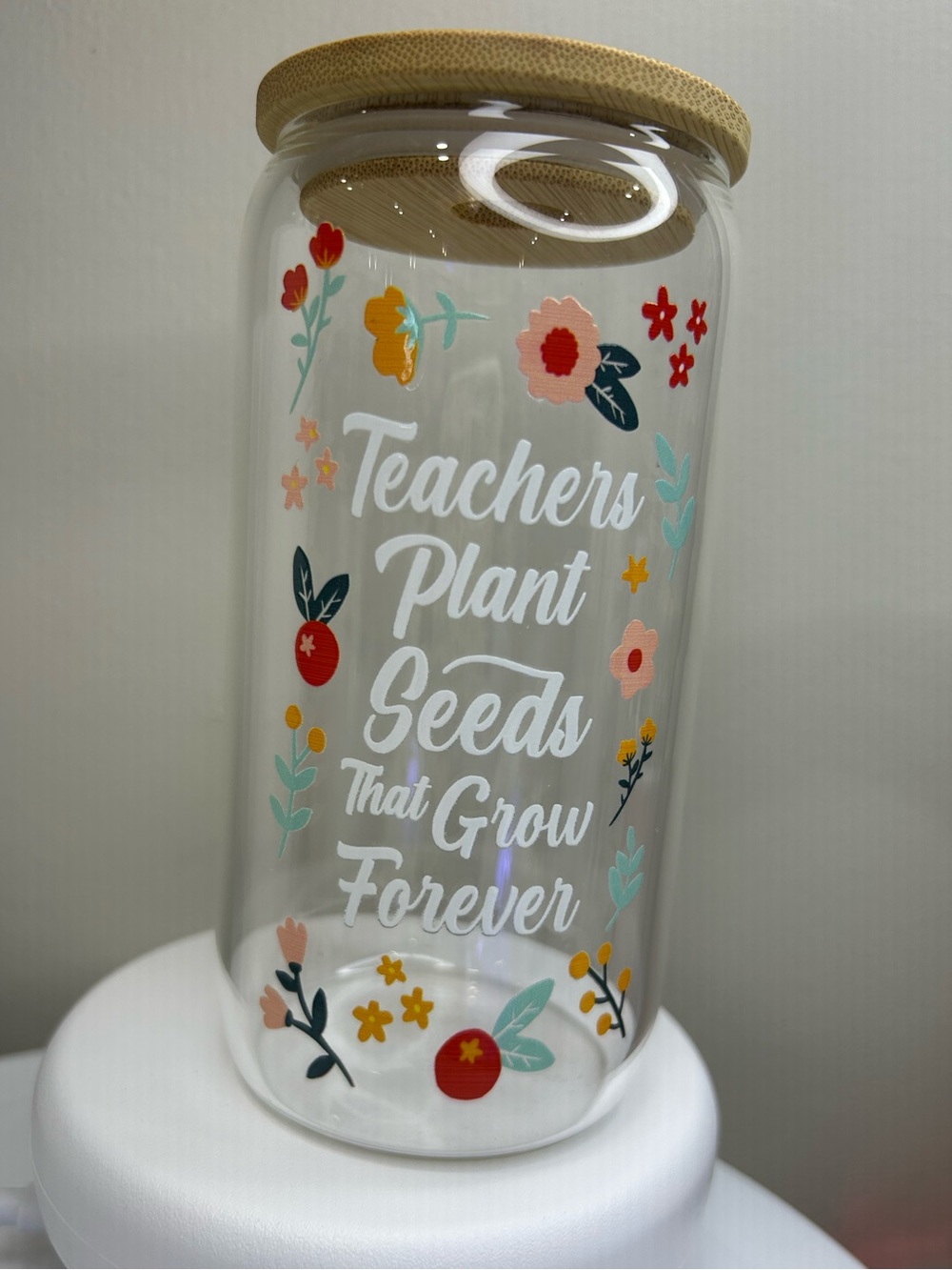 16oz Teacher Themed Glass Tumbler with Bamboo Lid and Glass Straw
